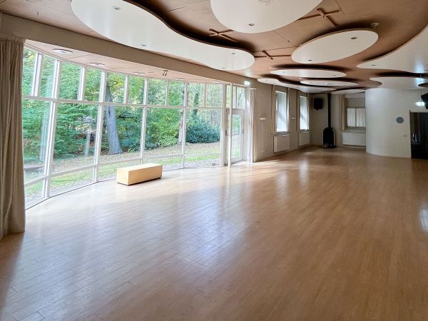 De grote zaal met ovale erker en sculpturale elementen aan het plafond.